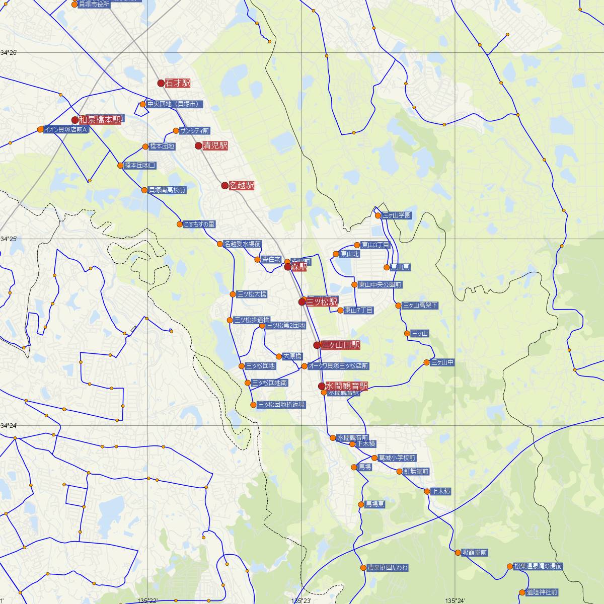 三ツ松駅（水間線）周辺のバス路線図