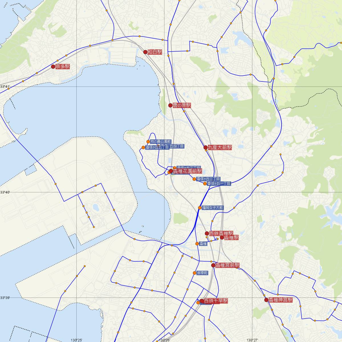 香椎花園前駅（西日本鉄道）周辺のバス路線図