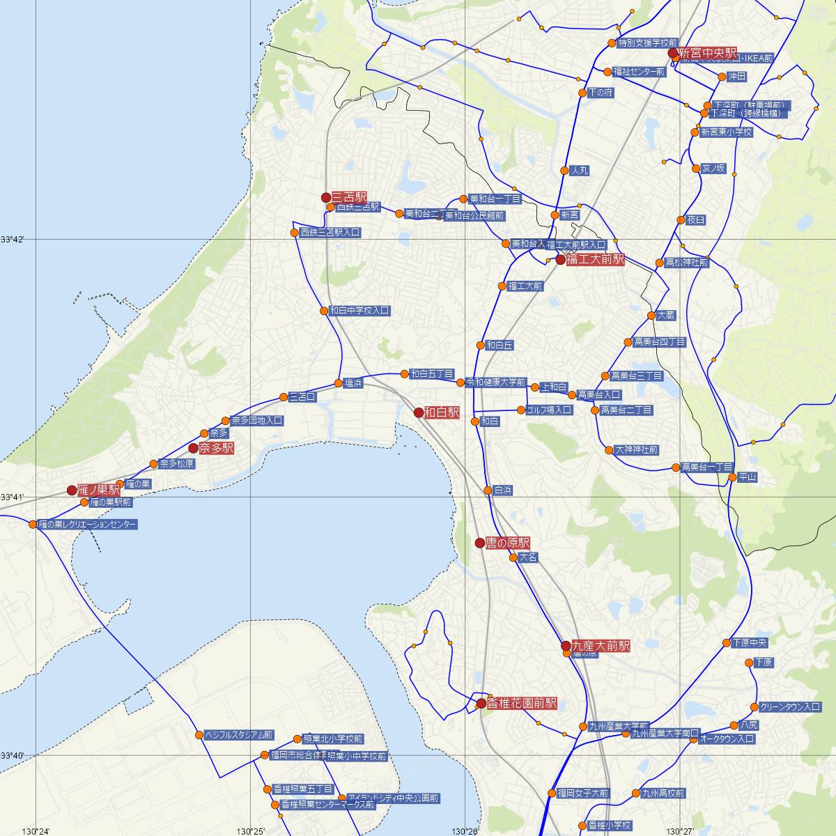 和白駅（西日本鉄道）周辺のバス路線図