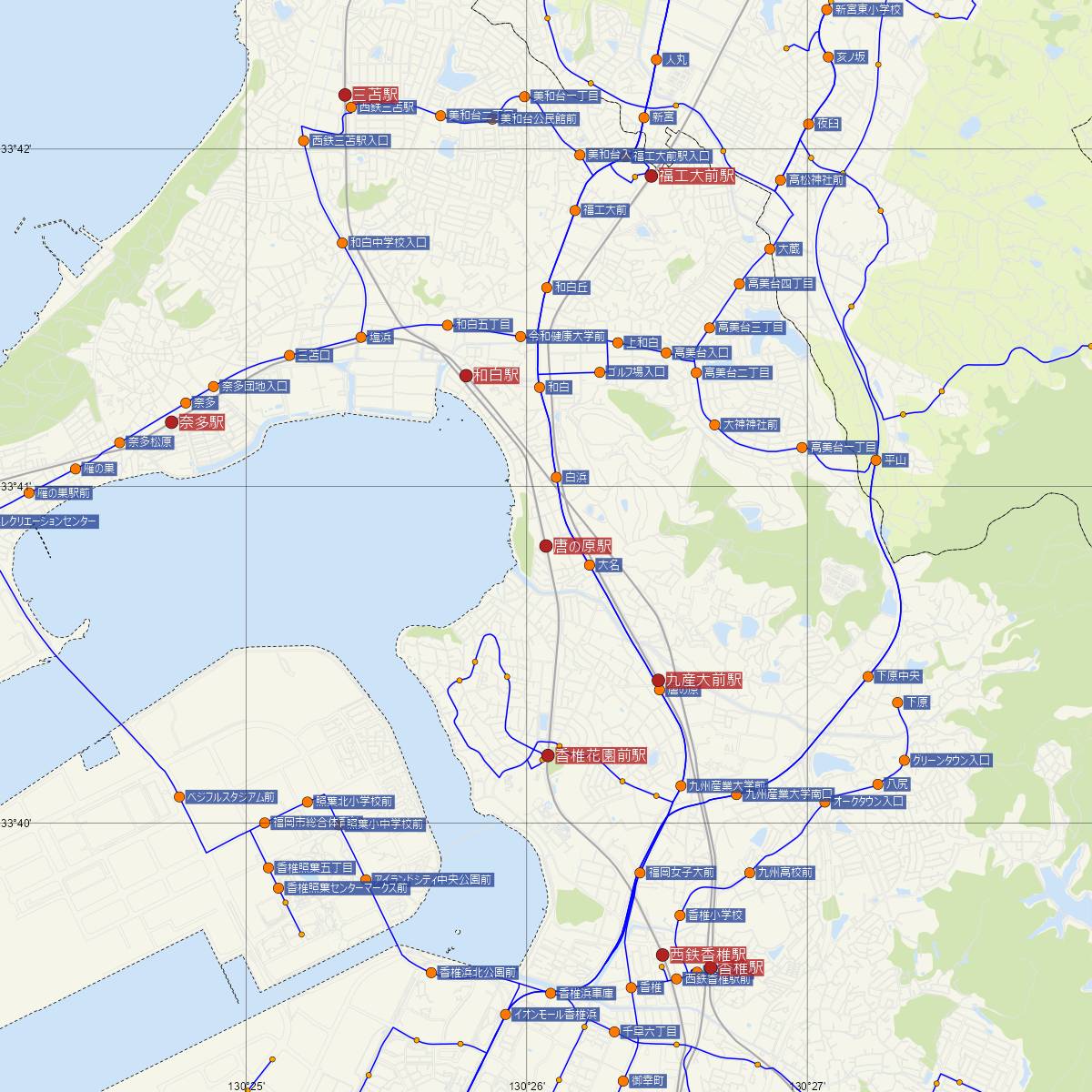 唐の原駅（西日本鉄道）周辺のバス路線図