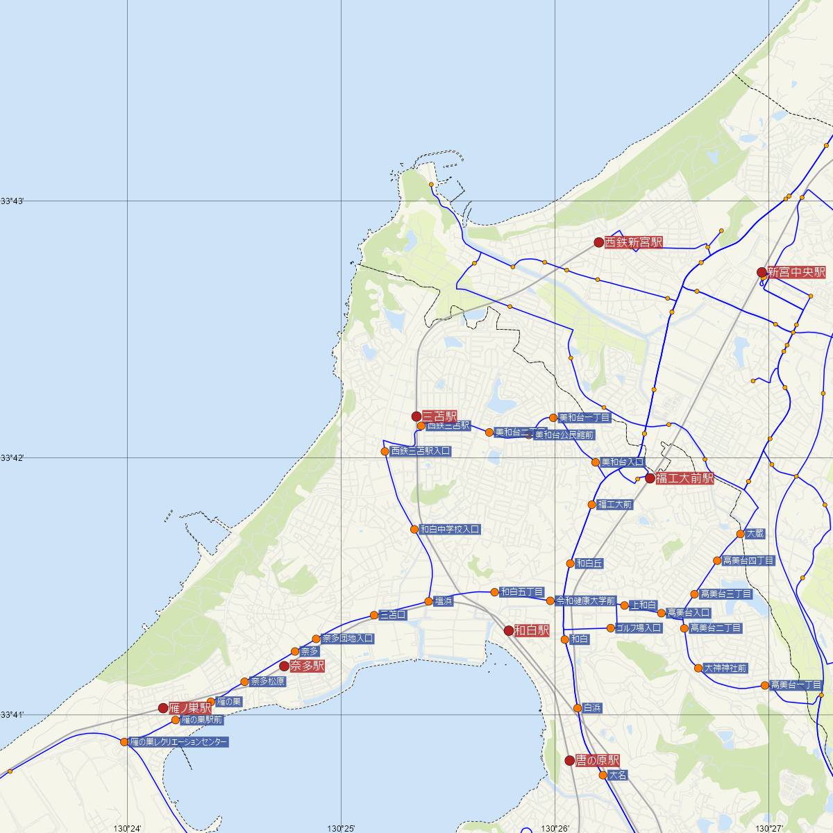 三苫駅（西日本鉄道）周辺のバス路線図