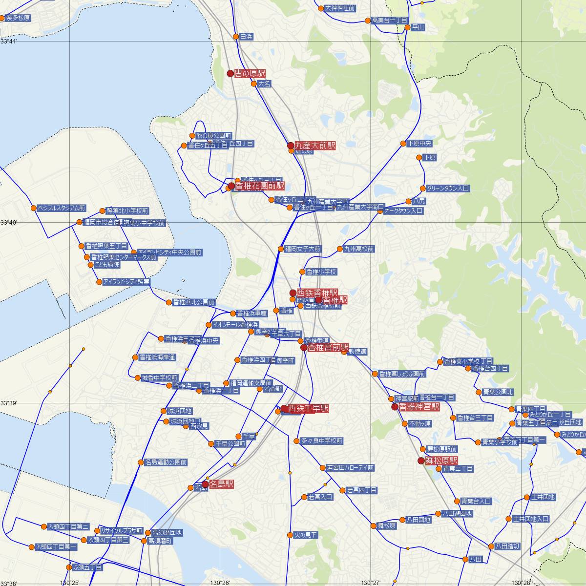 西鉄香椎駅（西日本鉄道）周辺のバス路線図