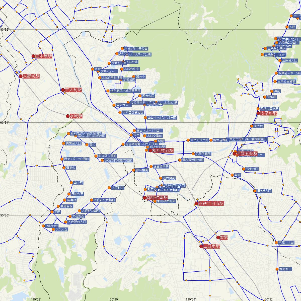 都府楼前駅（西日本鉄道）周辺のバス路線図