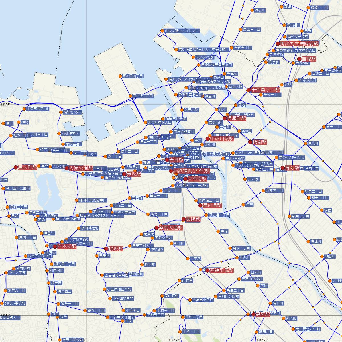 西鉄福岡（天神）駅（西日本鉄道）周辺のバス路線図