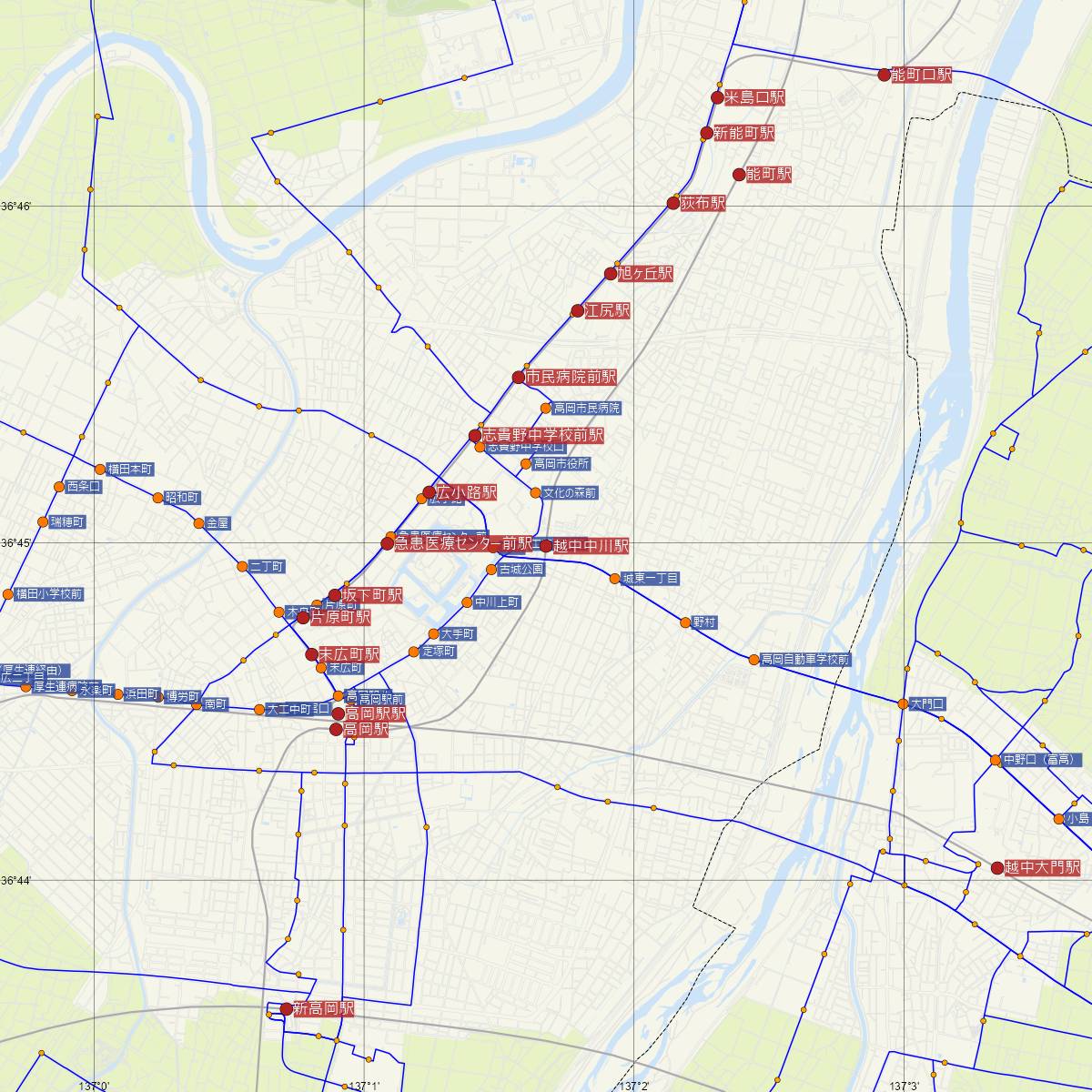 越中中川駅（JR西日本）周辺のバス路線図