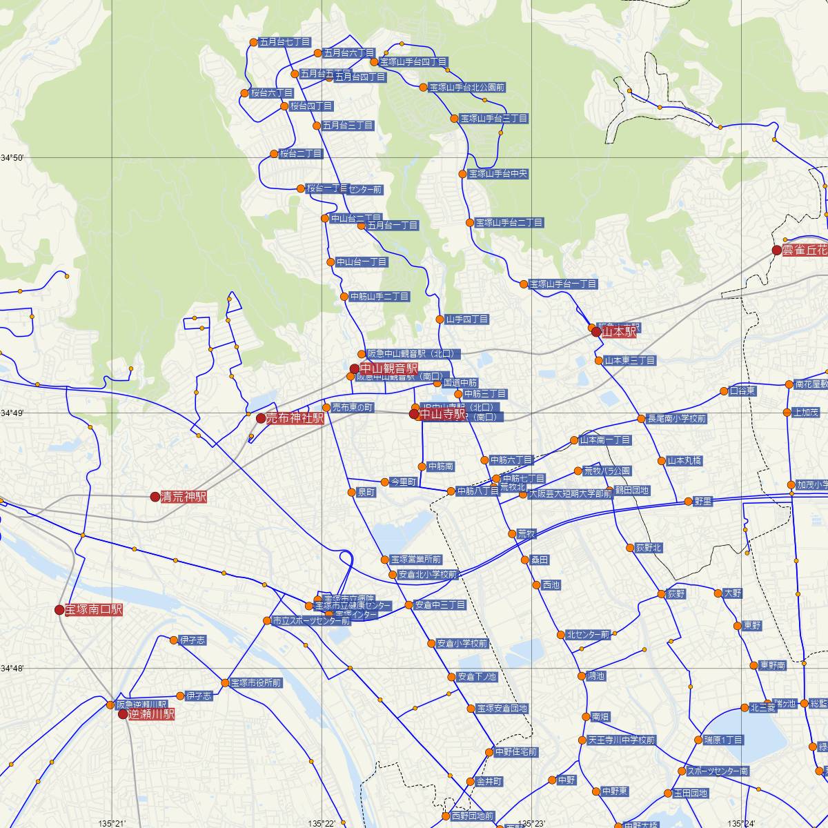 中山寺駅（JR西日本）周辺のバス路線図
