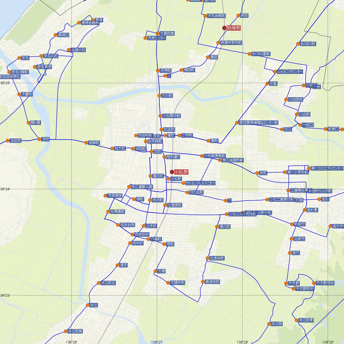 小松駅（JR西日本）周辺のバス路線図
