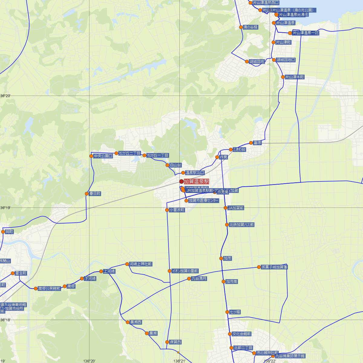 加賀温泉駅（JR西日本）周辺のバス路線図
