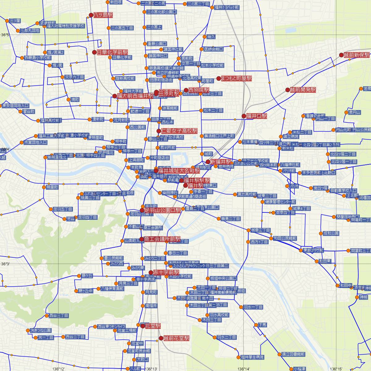 福井駅（JR西日本）周辺のバス路線図