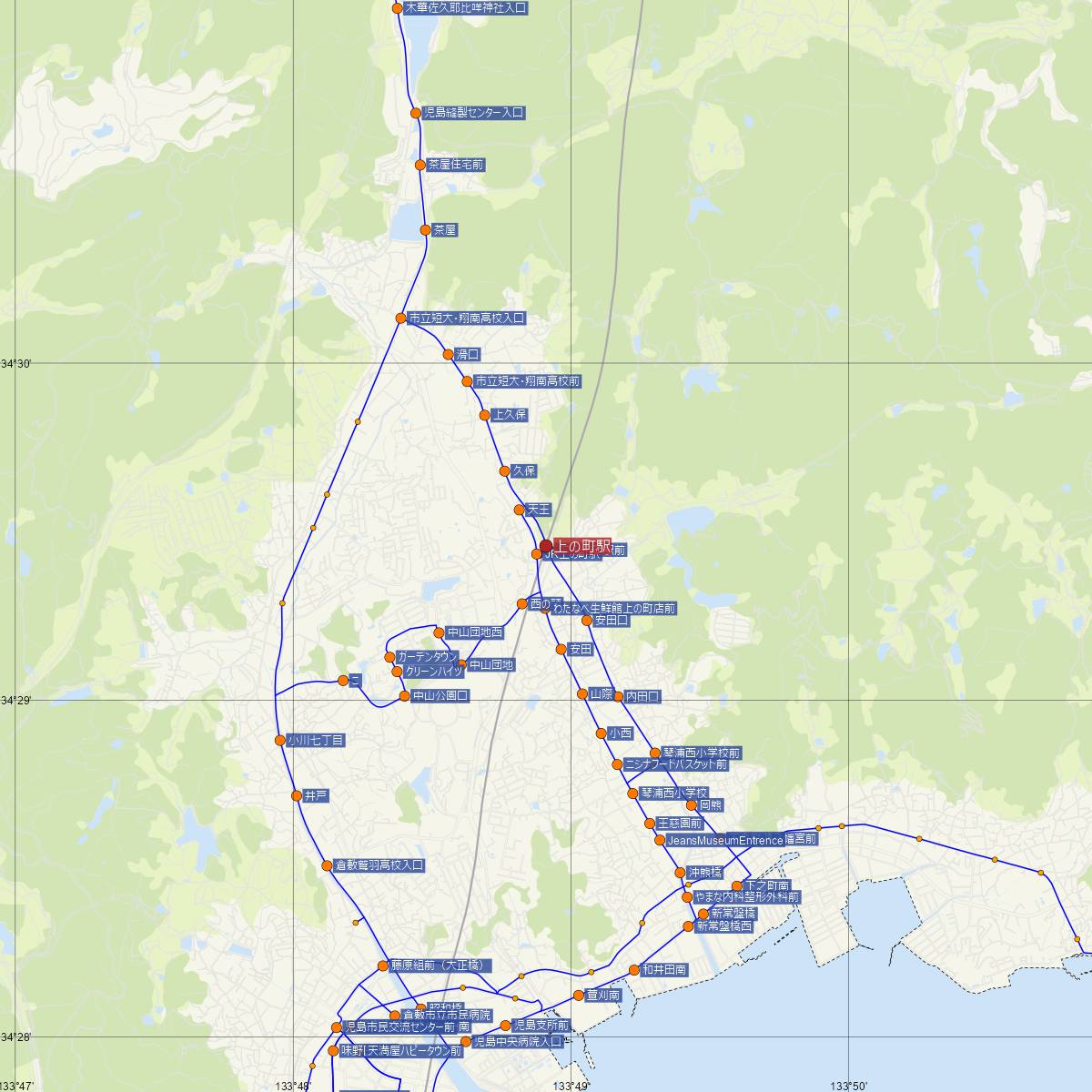 上の町駅（JR西日本）周辺のバス路線図