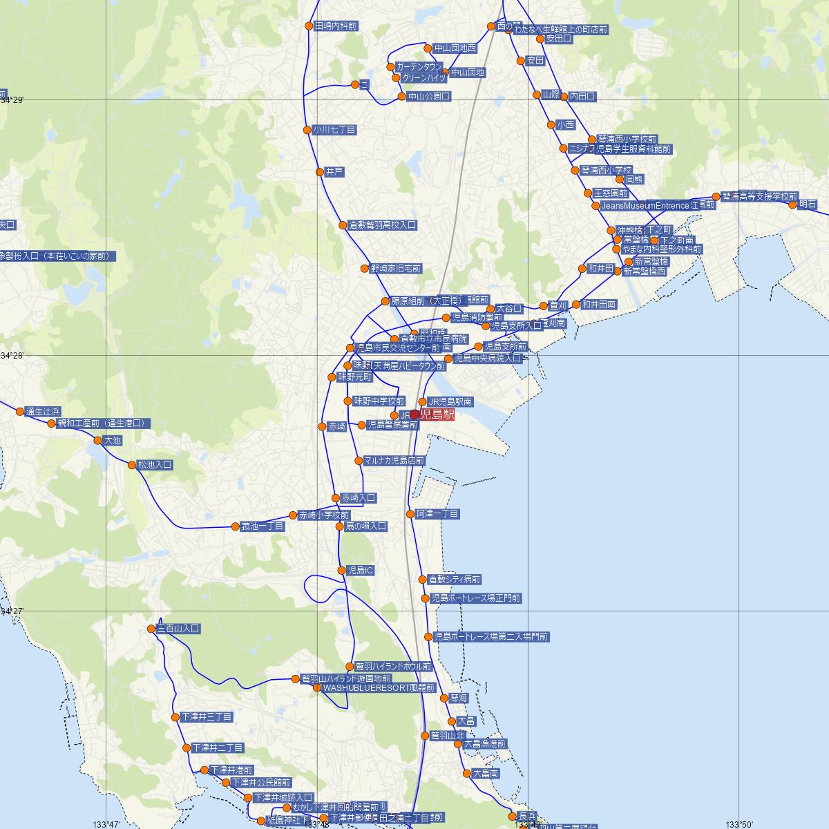 児島駅（JR西日本）周辺のバス路線図