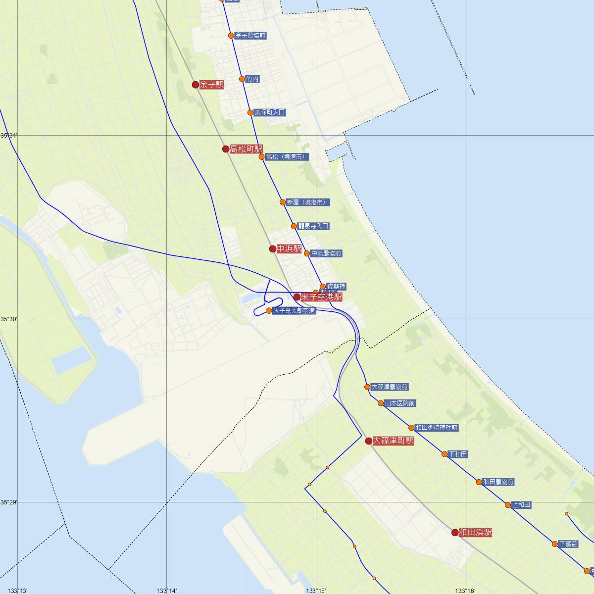 米子空港駅（JR西日本）周辺のバス路線図