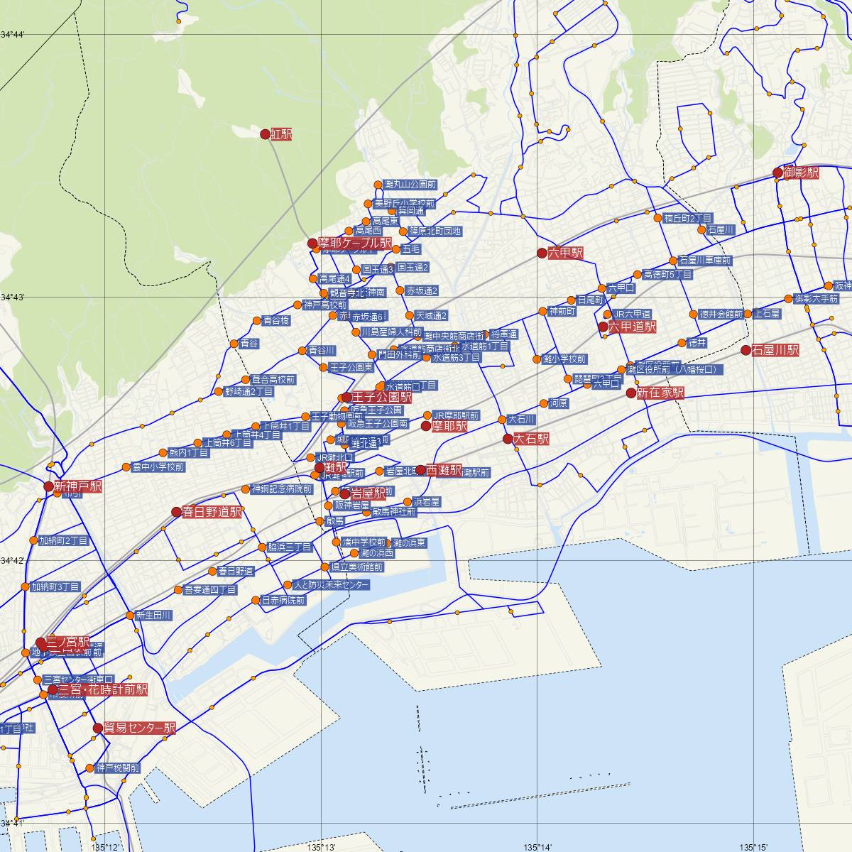 摩耶駅（JR西日本）周辺のバス路線図