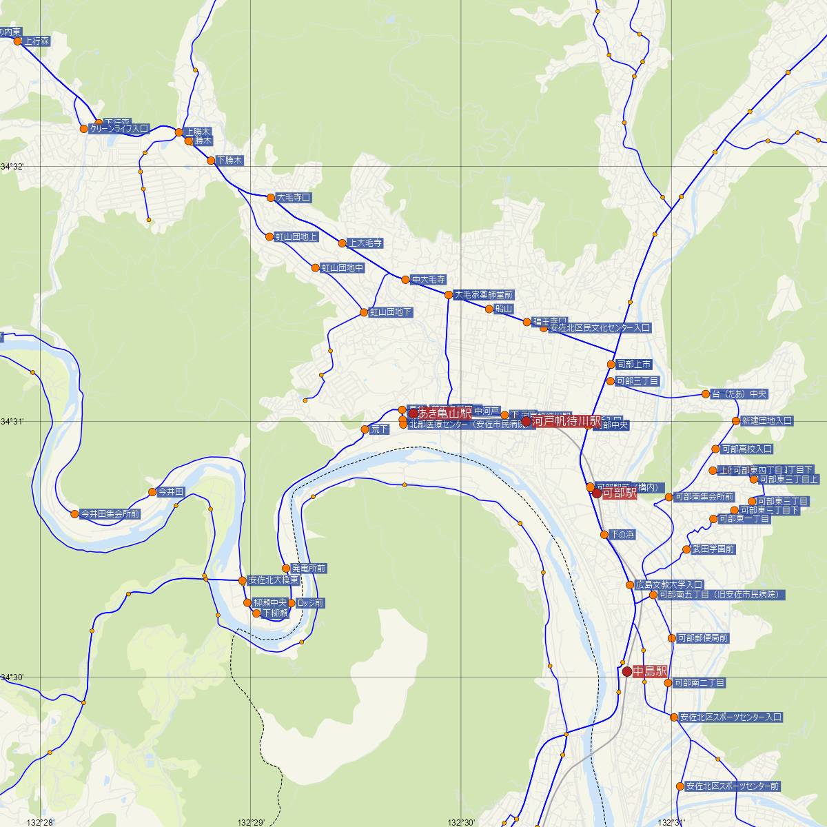 あき亀山駅（JR西日本）周辺のバス路線図