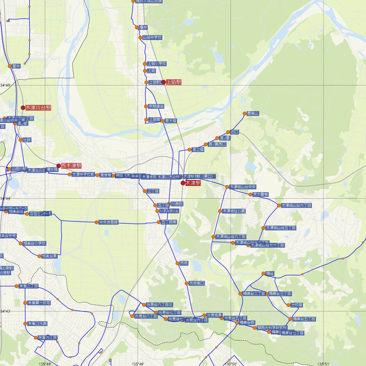木津駅（JR西日本）周辺のバス路線図