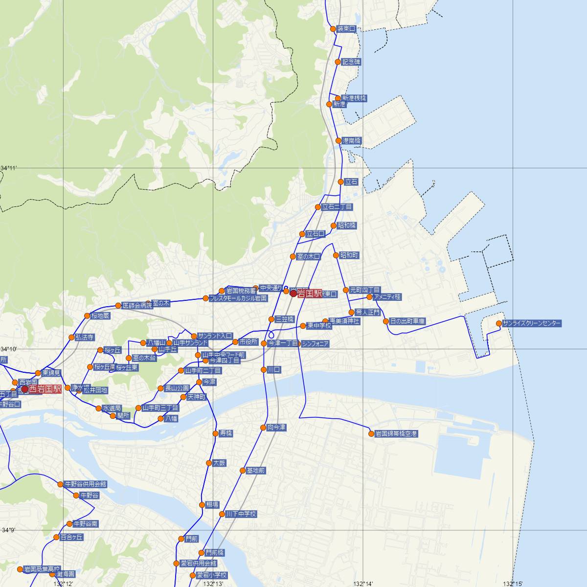 岩国駅（JR西日本）周辺のバス路線図