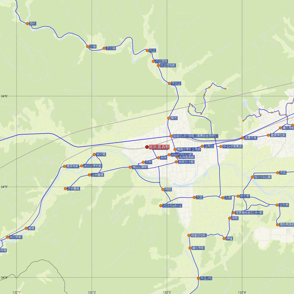 周防高森駅（JR西日本）周辺のバス路線図