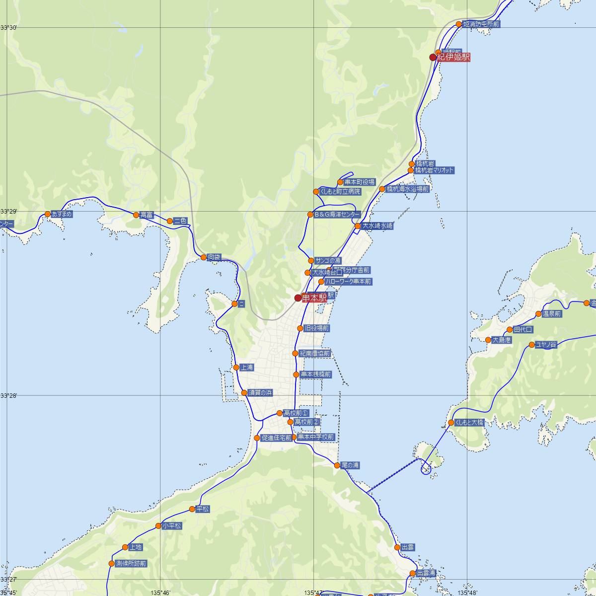 串本駅（JR西日本）周辺のバス路線図