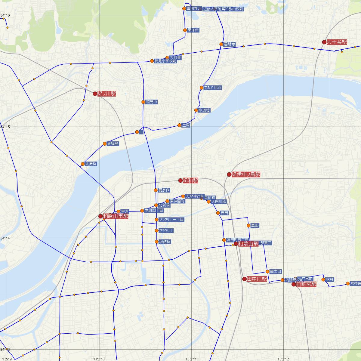 紀和駅（JR西日本）周辺のバス路線図
