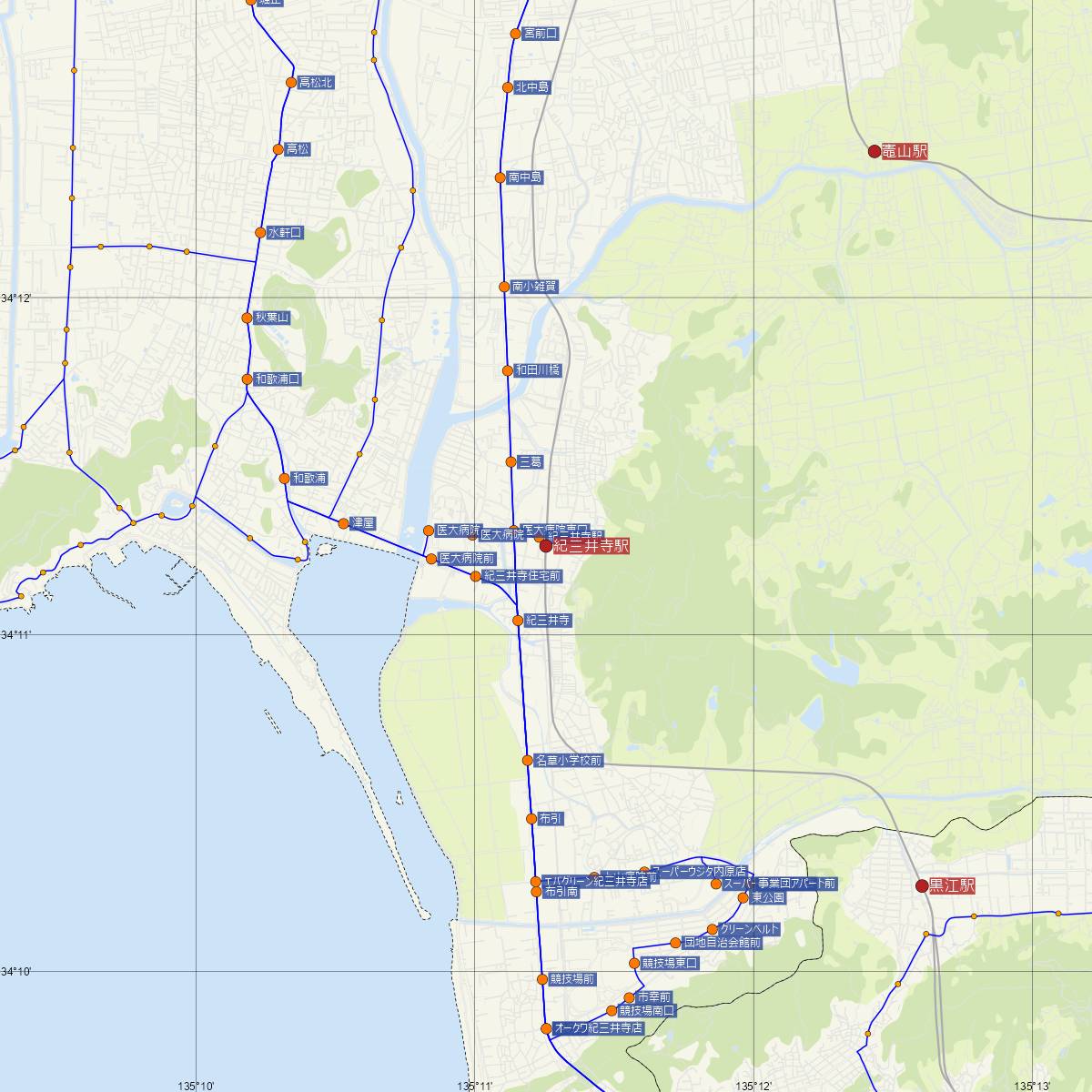 紀三井寺駅（JR西日本）周辺のバス路線図