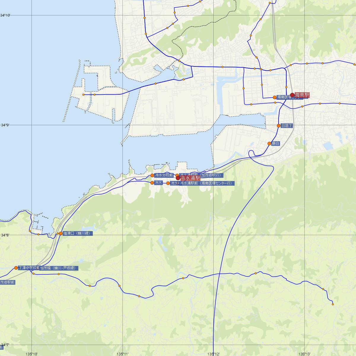 冷水浦駅（JR西日本）周辺のバス路線図