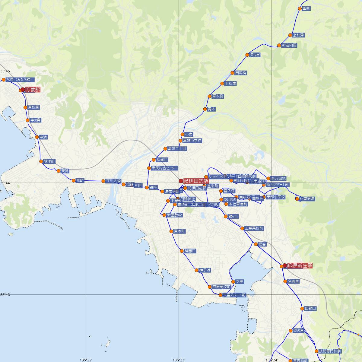 紀伊田辺駅（JR西日本）周辺のバス路線図