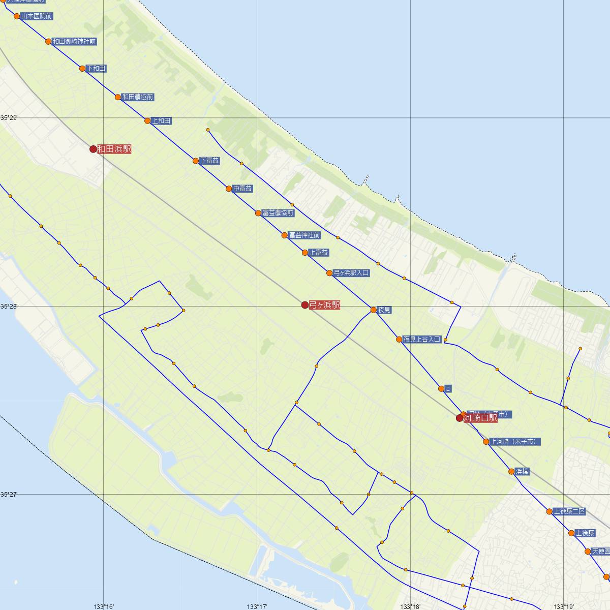 弓ヶ浜駅（JR西日本）周辺のバス路線図