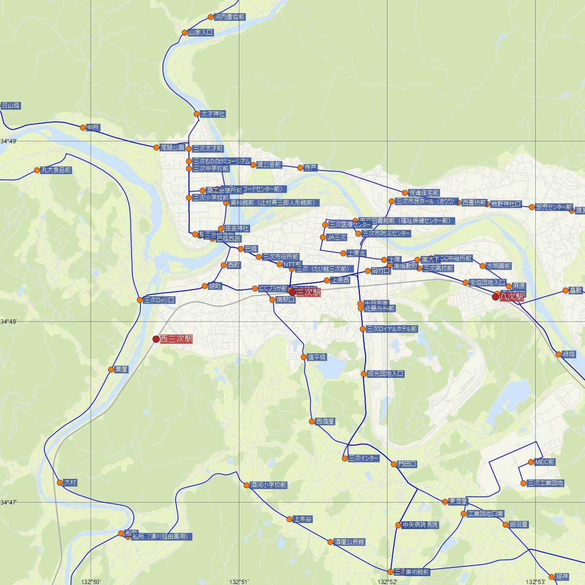 三次駅（JR西日本）周辺のバス路線図