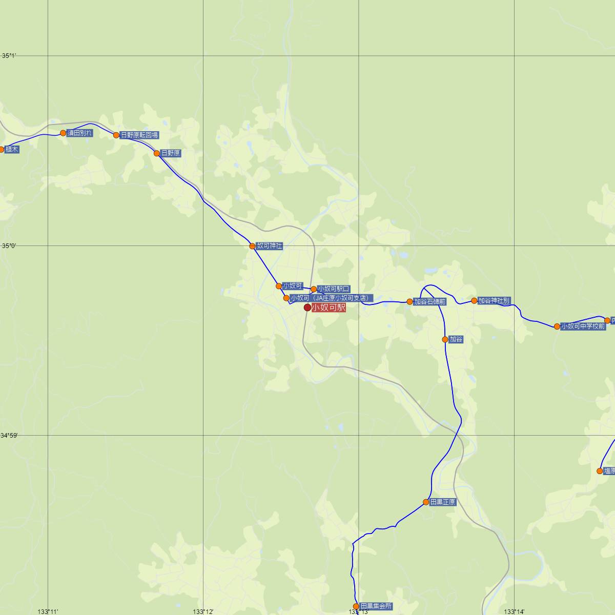 小奴可駅（JR西日本）周辺のバス路線図