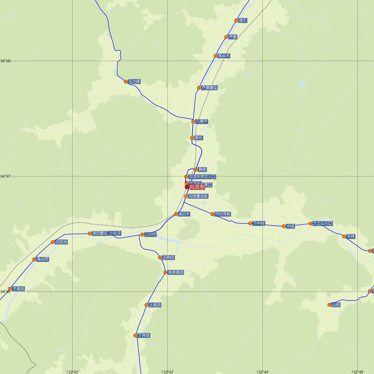 向原駅（JR西日本）周辺のバス路線図