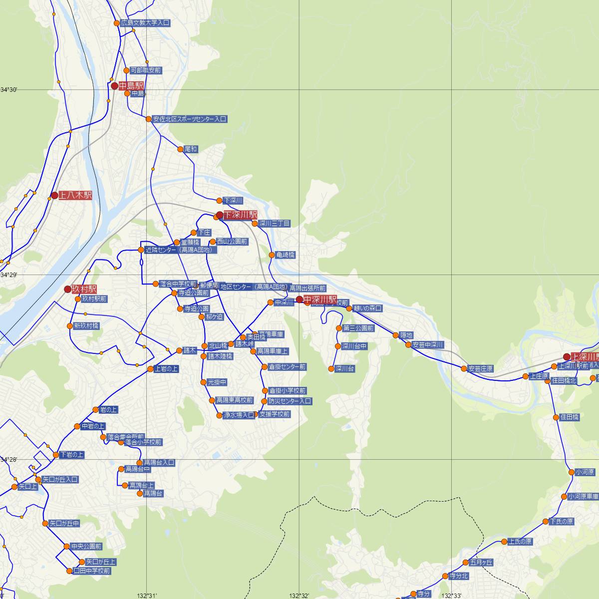 中深川駅（JR西日本）周辺のバス路線図