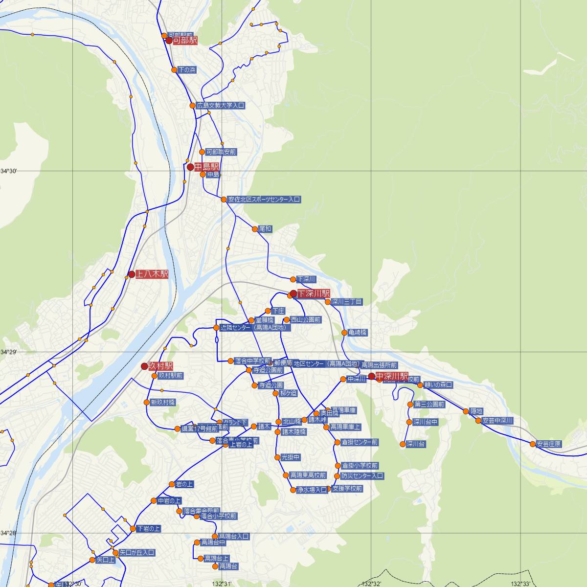 下深川駅（JR西日本）周辺のバス路線図