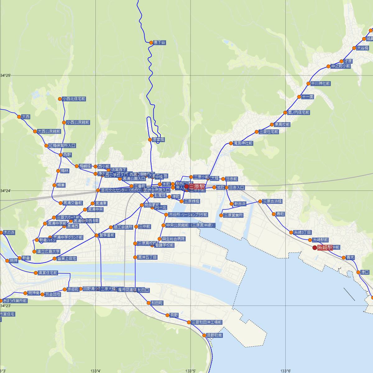 三原駅（JR西日本）周辺のバス路線図