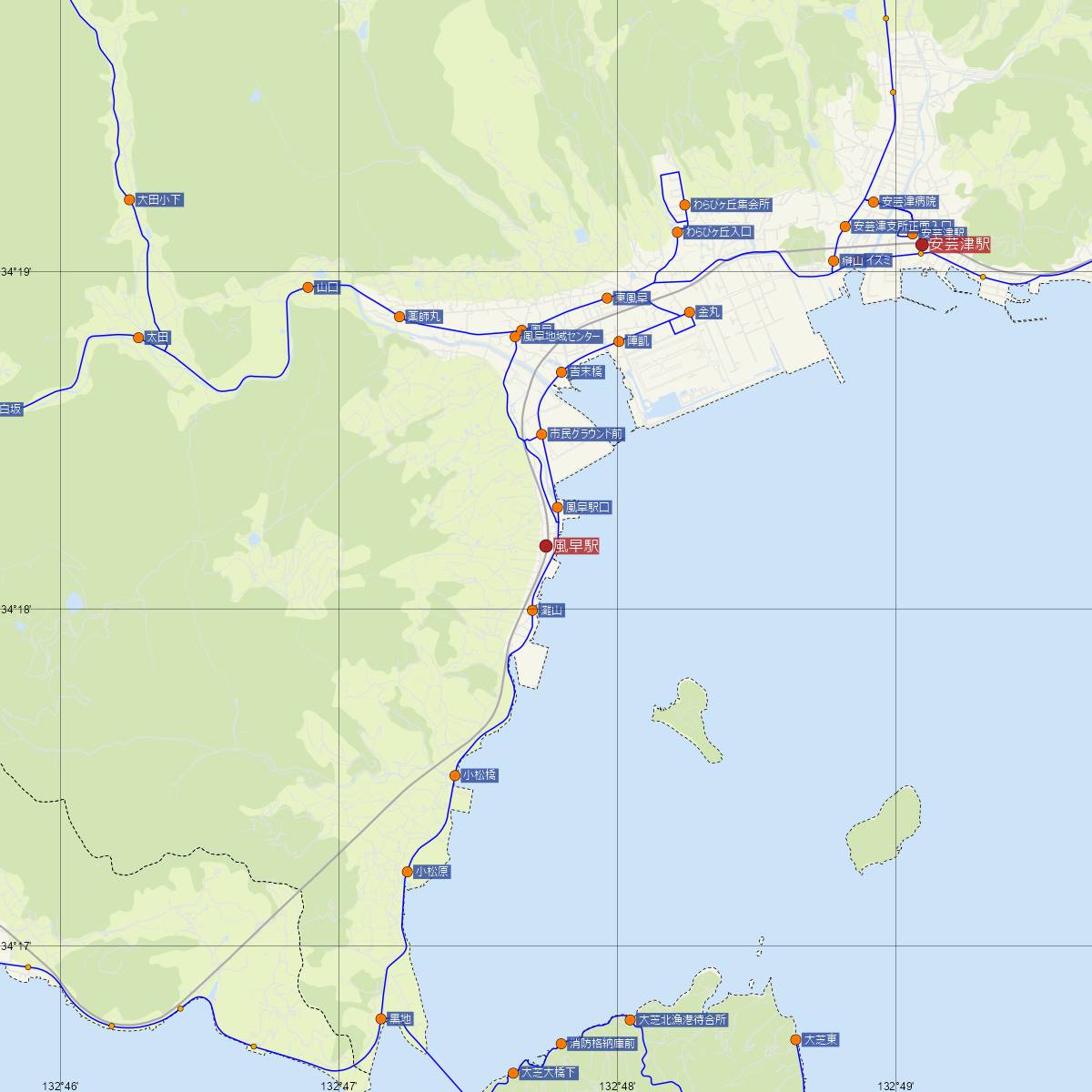 風早駅（JR西日本）周辺のバス路線図