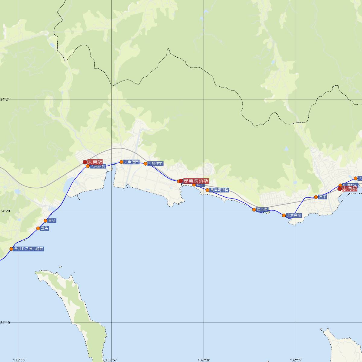 安芸長浜駅（JR西日本）周辺のバス路線図