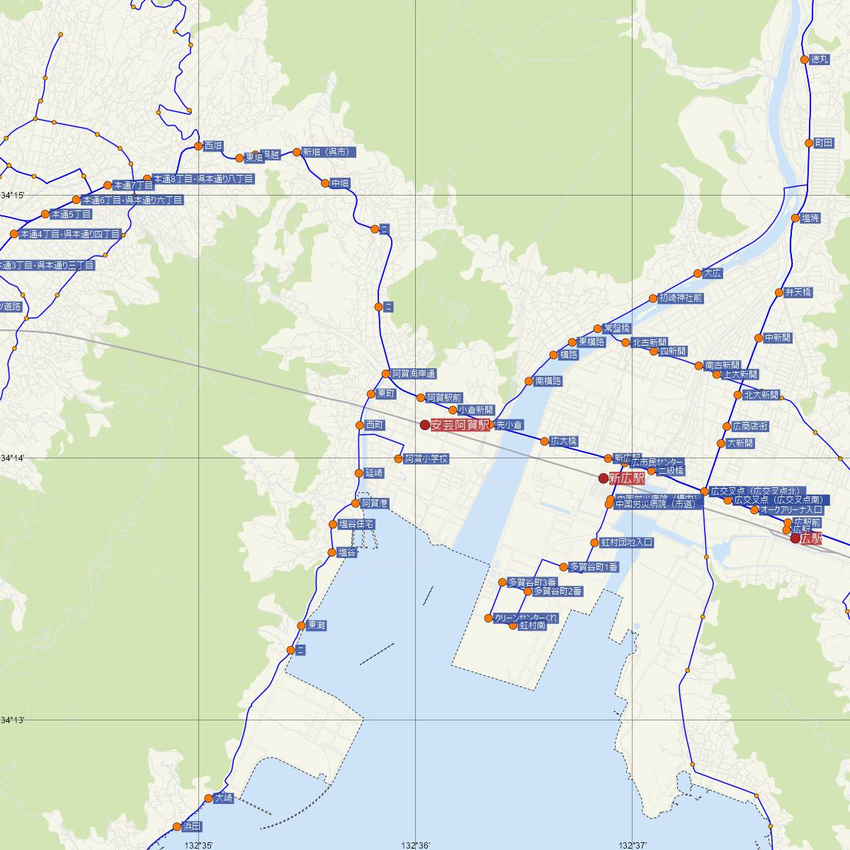 安芸阿賀駅（JR西日本）周辺のバス路線図