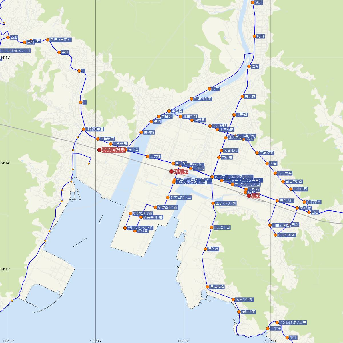 新広駅（JR西日本）周辺のバス路線図