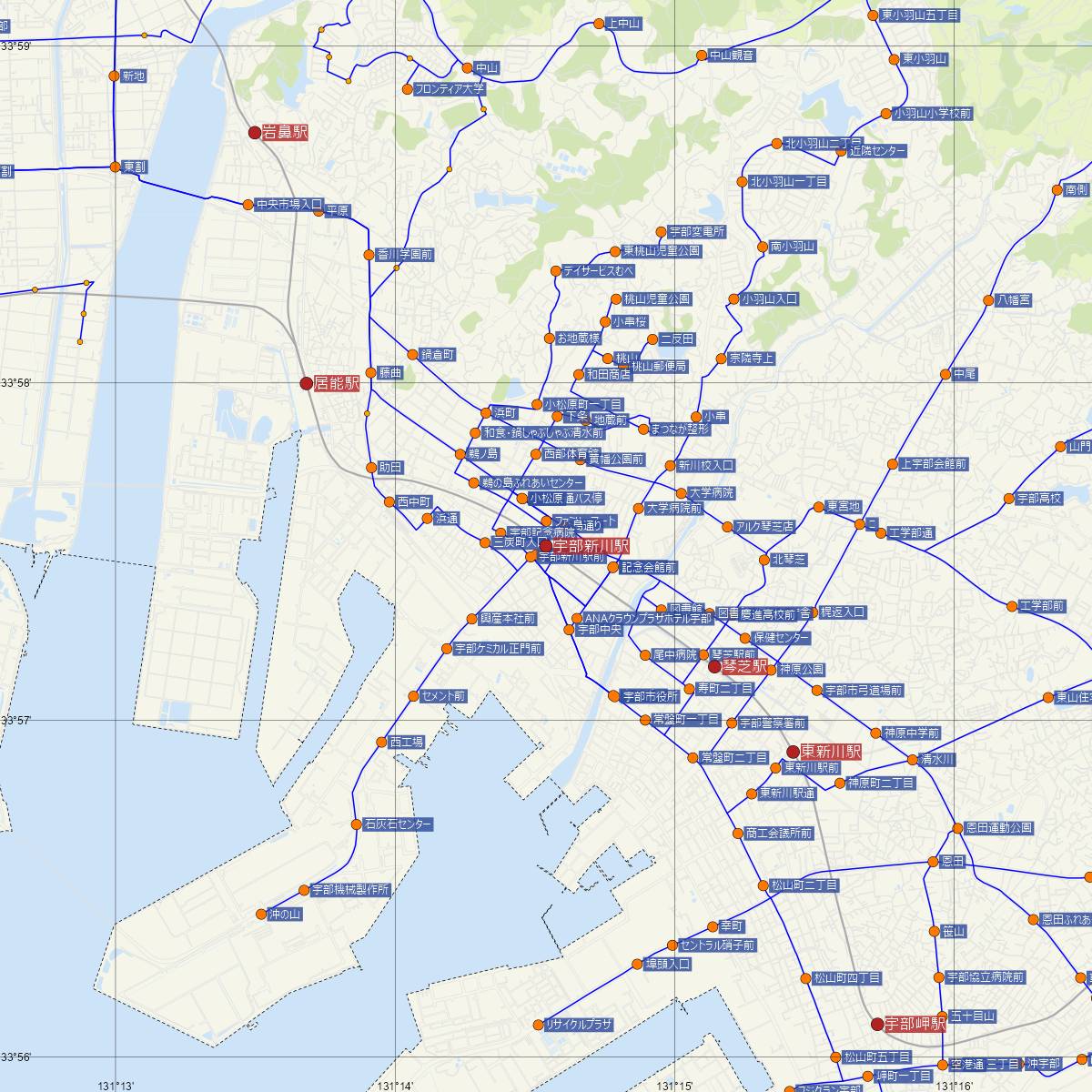 宇部新川駅（JR西日本）周辺のバス路線図