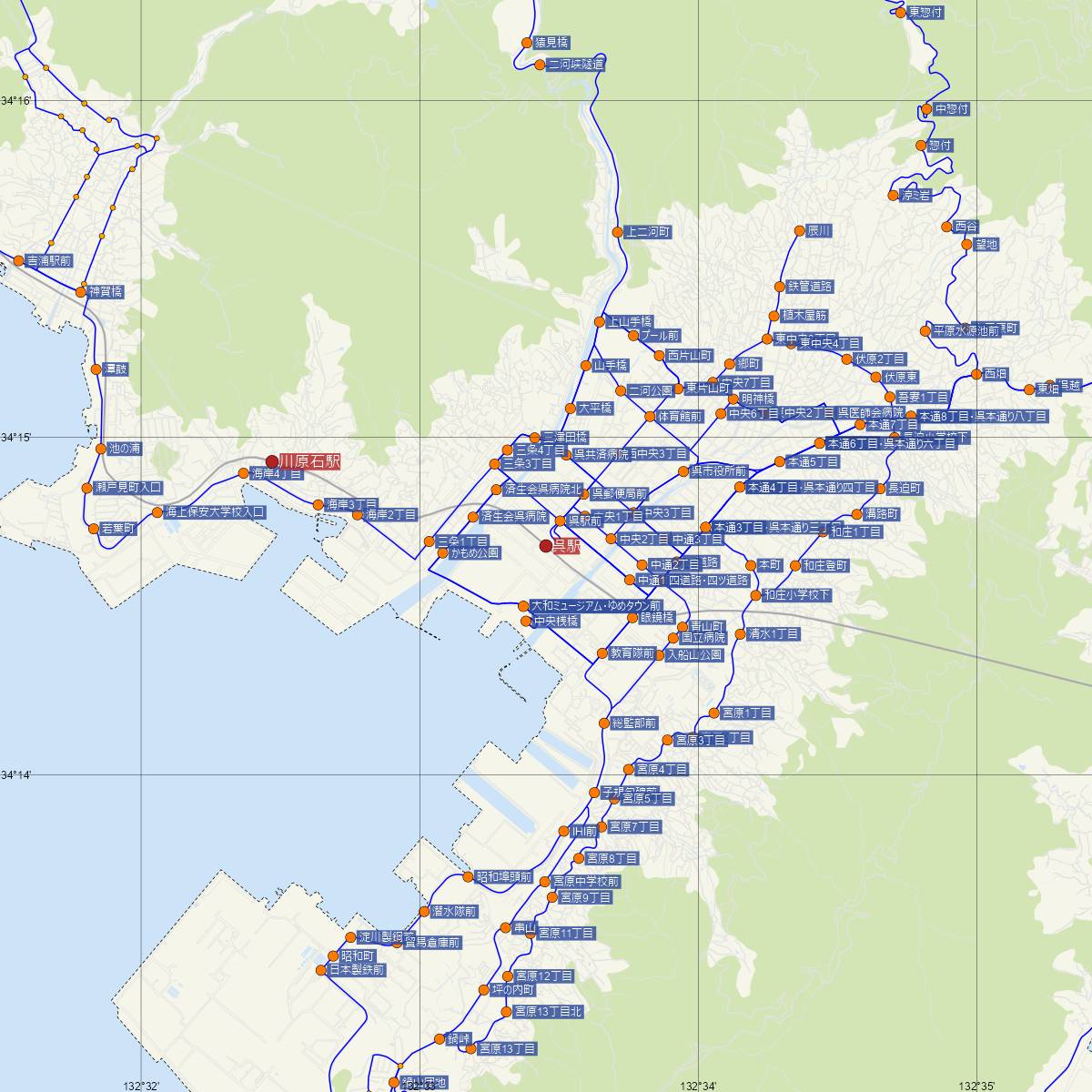 呉駅（JR西日本）周辺のバス路線図