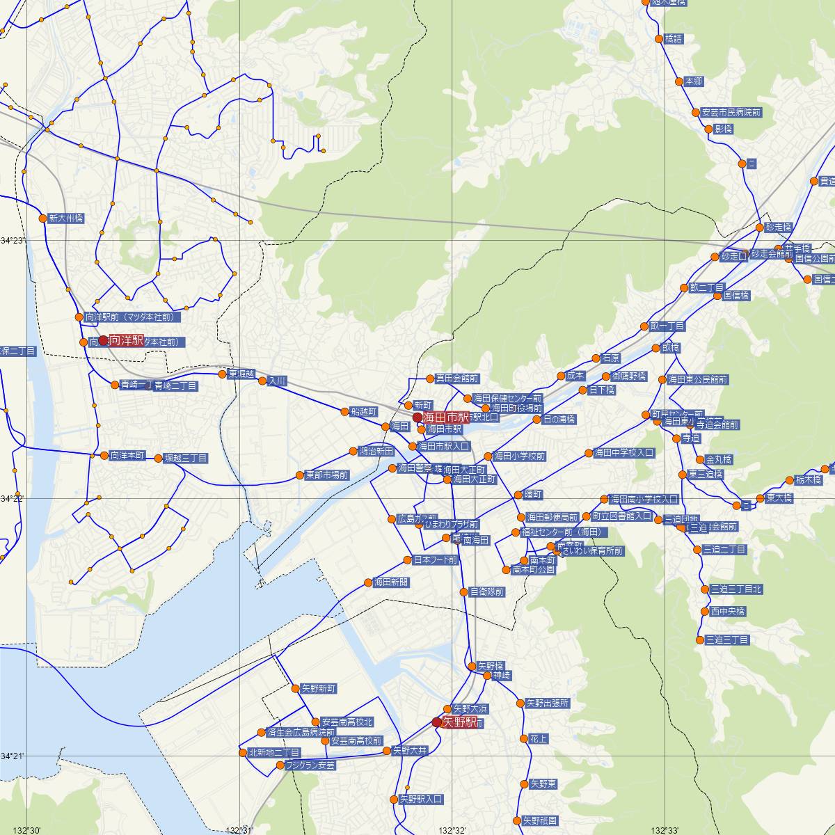 海田市駅（JR西日本）周辺のバス路線図