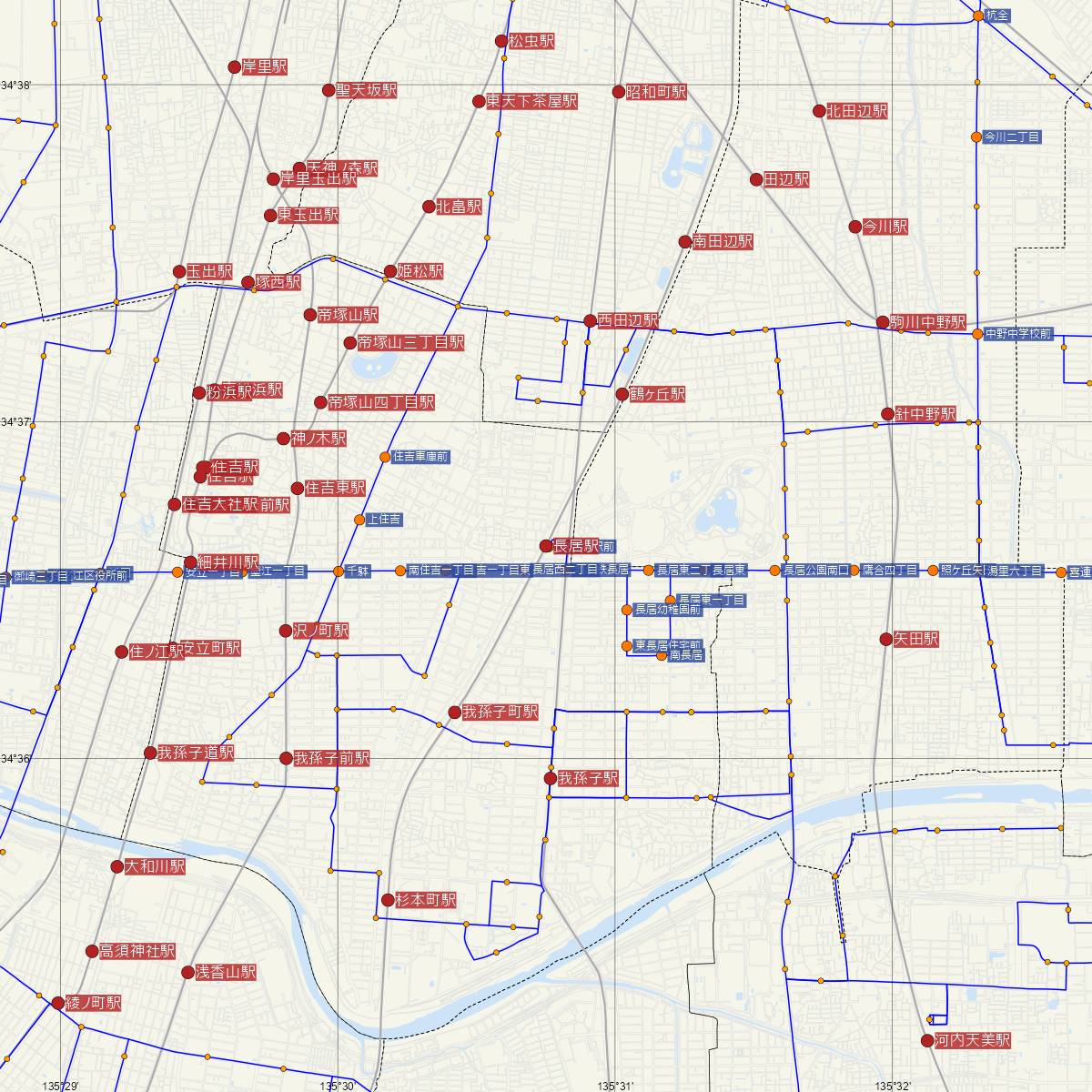 長居駅（JR西日本）周辺のバス路線図