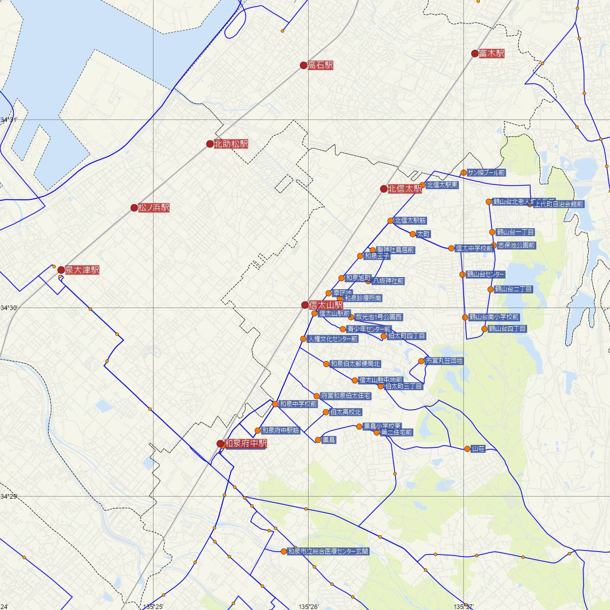 信太山駅（JR西日本）周辺のバス路線図