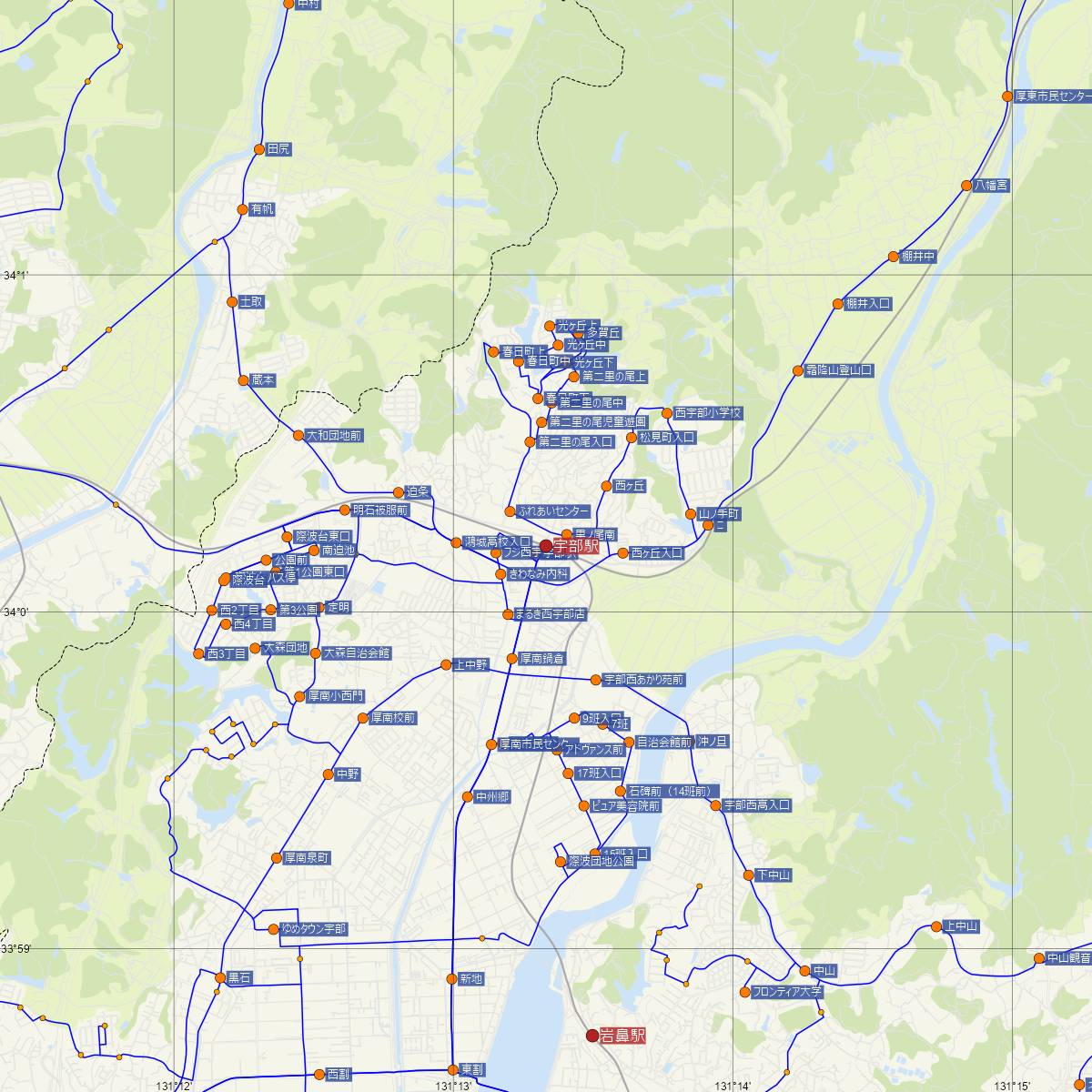宇部駅（JR西日本）周辺のバス路線図