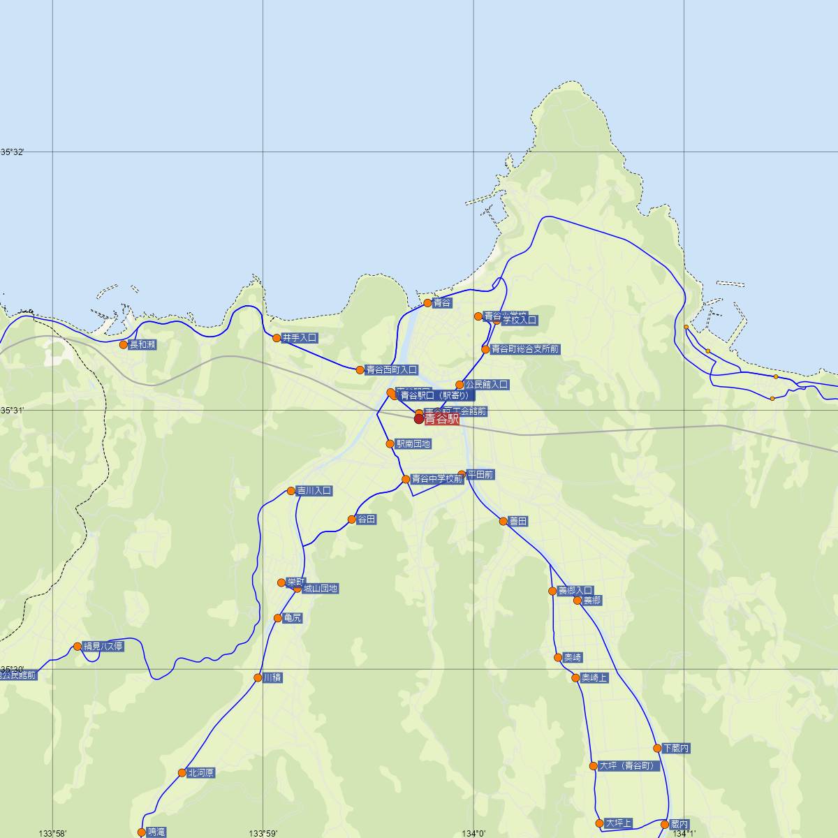 青谷駅（JR西日本）周辺のバス路線図