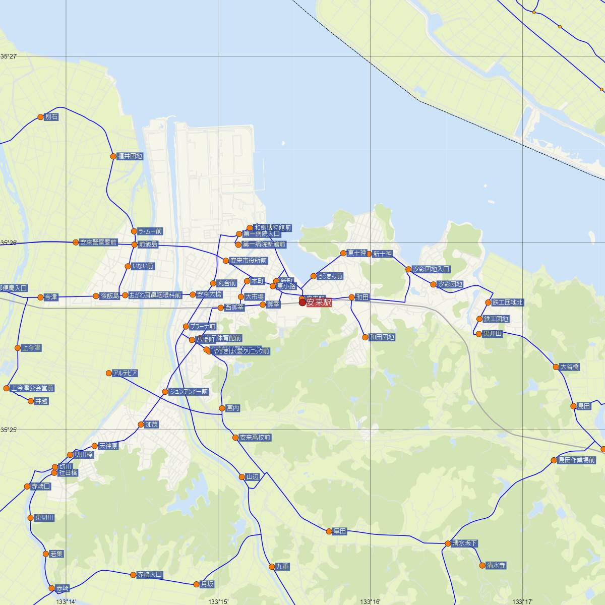安来駅（JR西日本）周辺のバス路線図