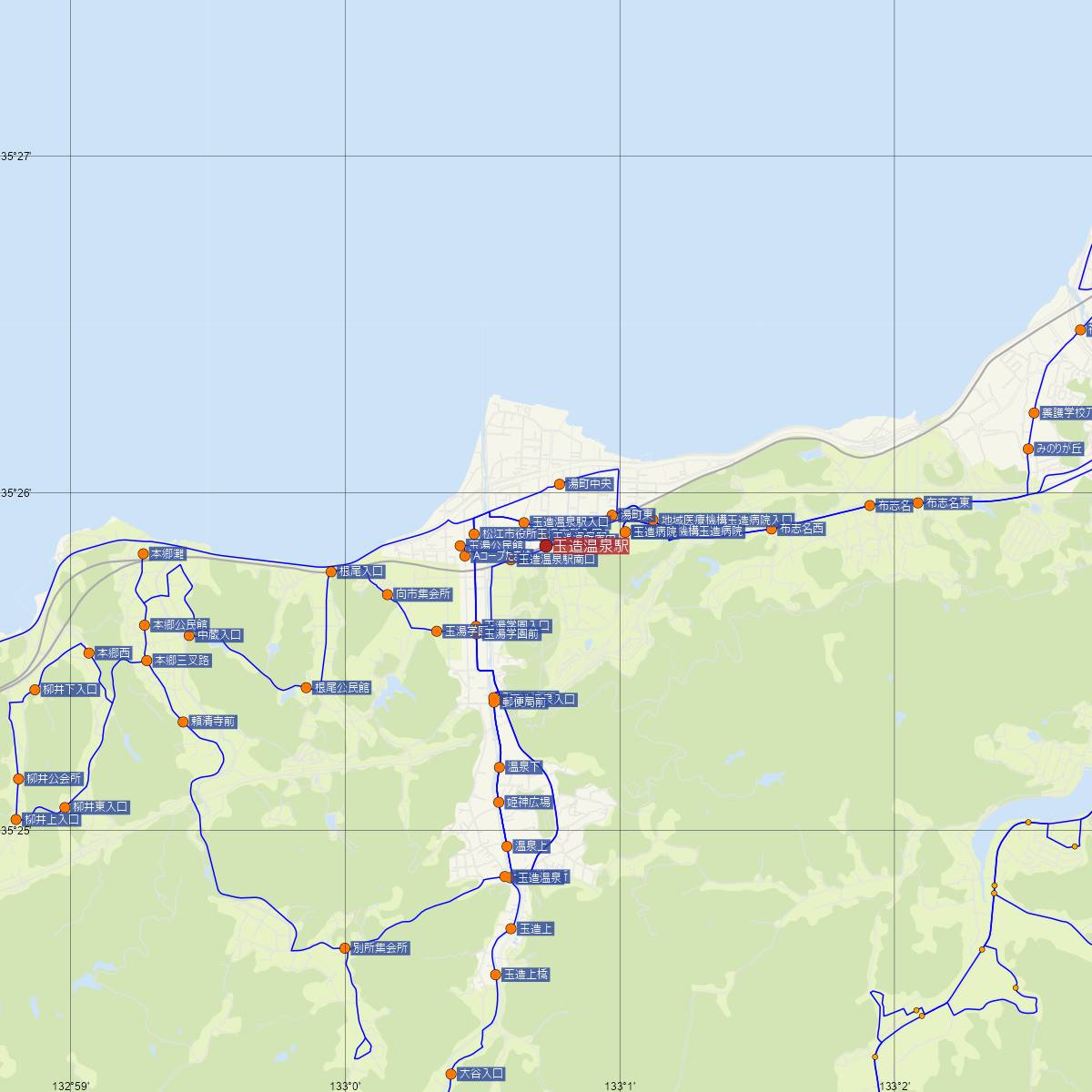 玉造温泉駅（JR西日本）周辺のバス路線図