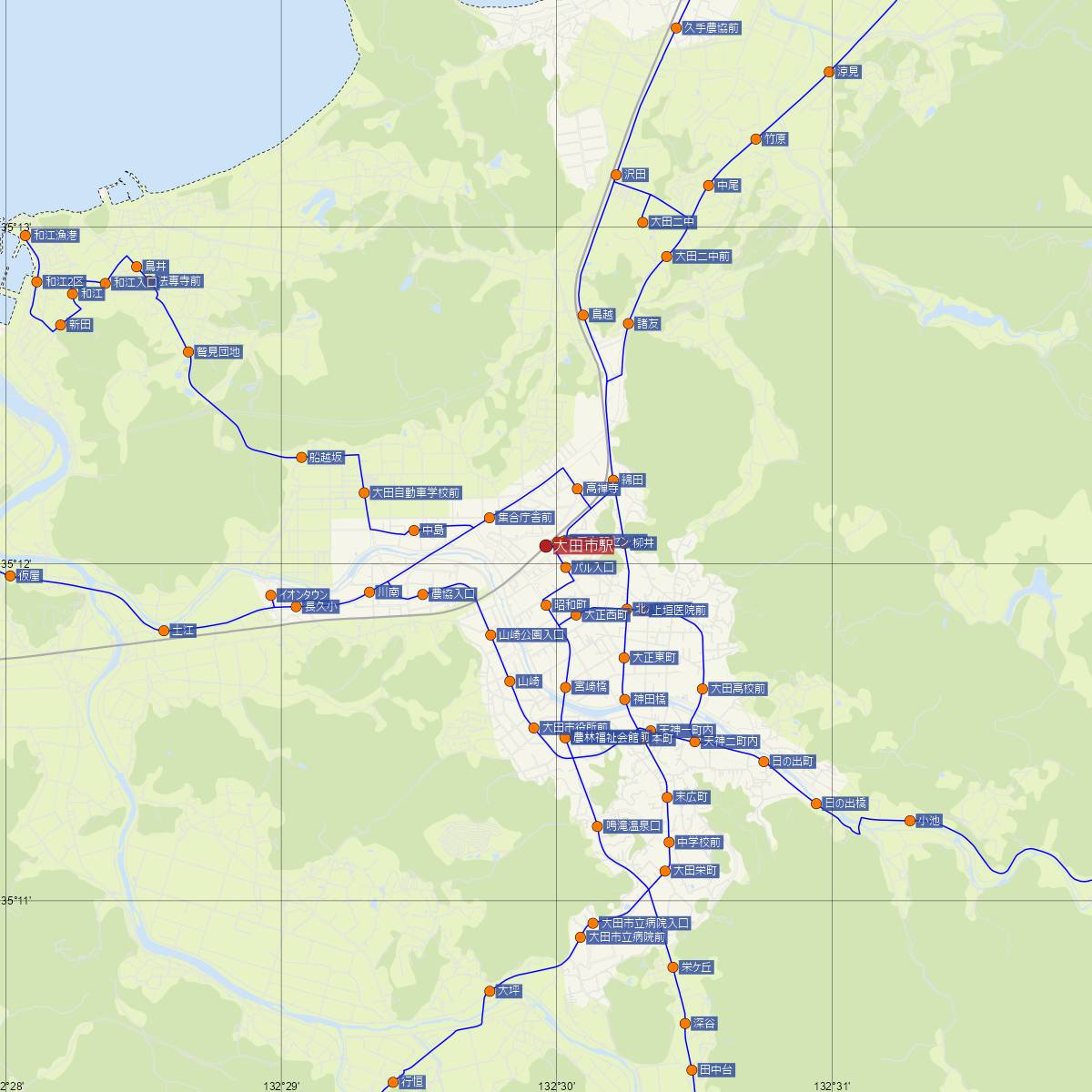 大田市駅（JR西日本）周辺のバス路線図