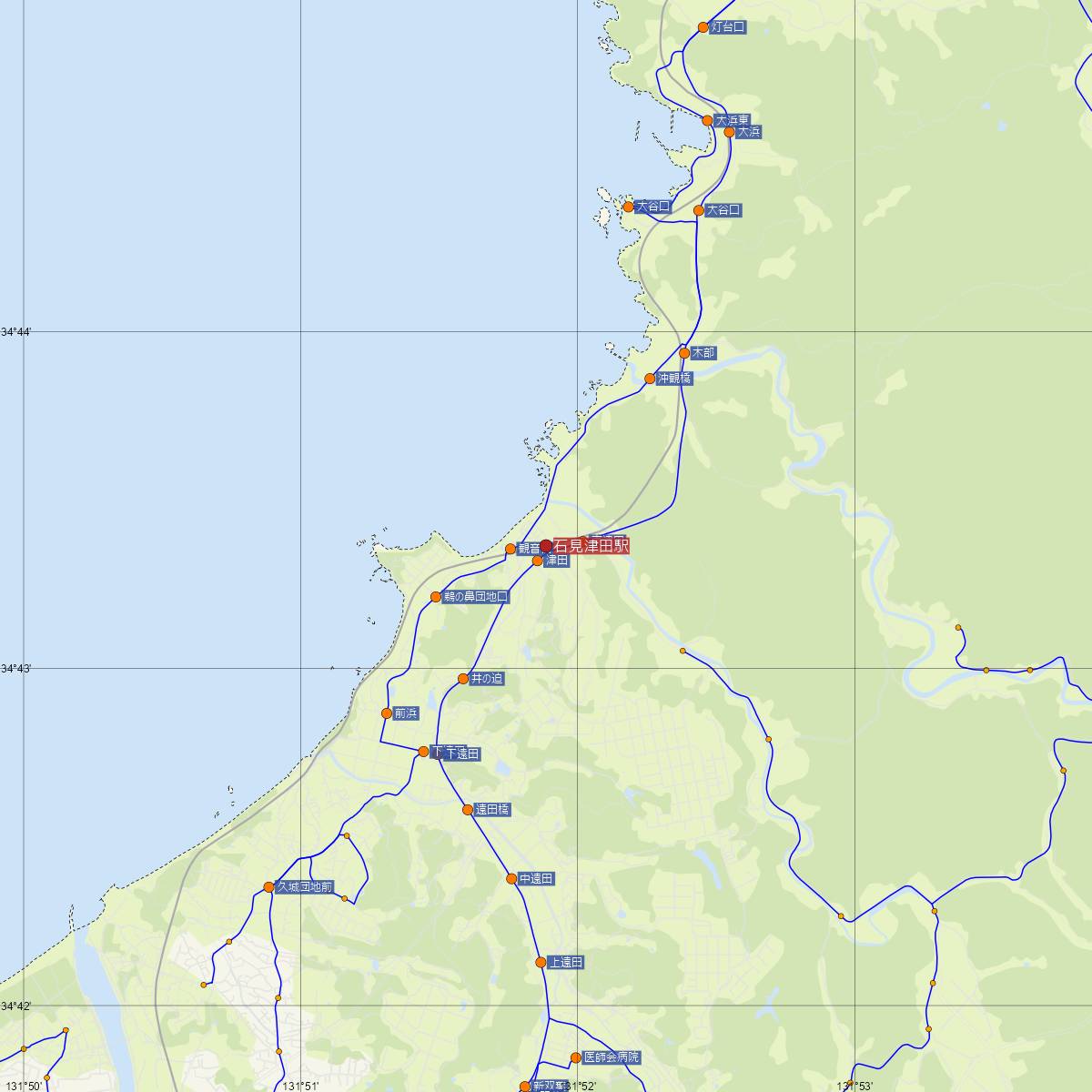 石見津田駅（JR西日本）周辺のバス路線図