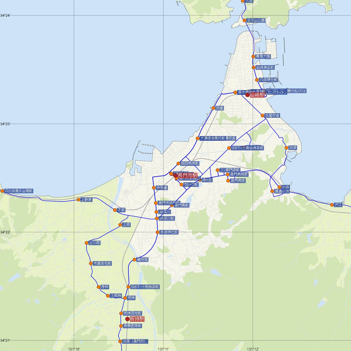 長門市駅（JR西日本）周辺のバス路線図