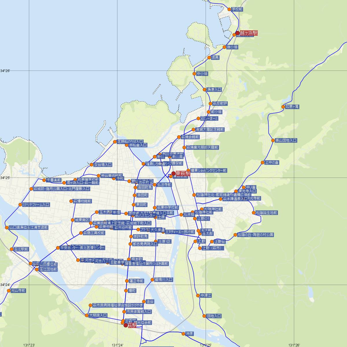 東萩駅（JR西日本）周辺のバス路線図